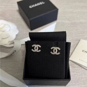 CHANEL Silver Crystal CC Logo Stud Earrings